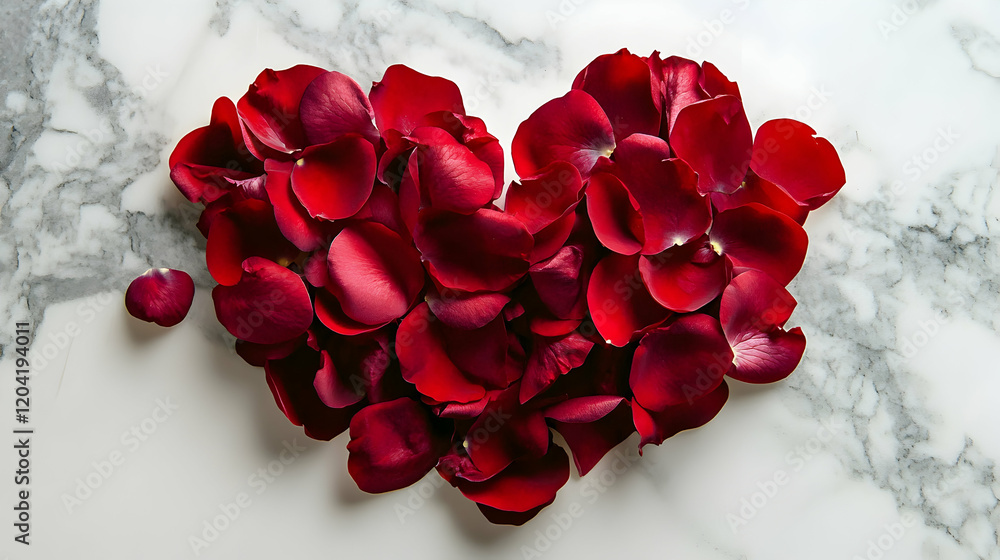A close-up of red rose petals arranged in a heart shape on a white marble background, photographed with balanced lighting and sharp details A close-up of red rose petals arranged in a heart shape on a white marble background, photographed with balanced lighting and sharp details