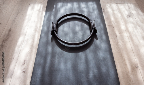 A pilates resistance ring on a yoga mat on a wood floor with interesting shadows