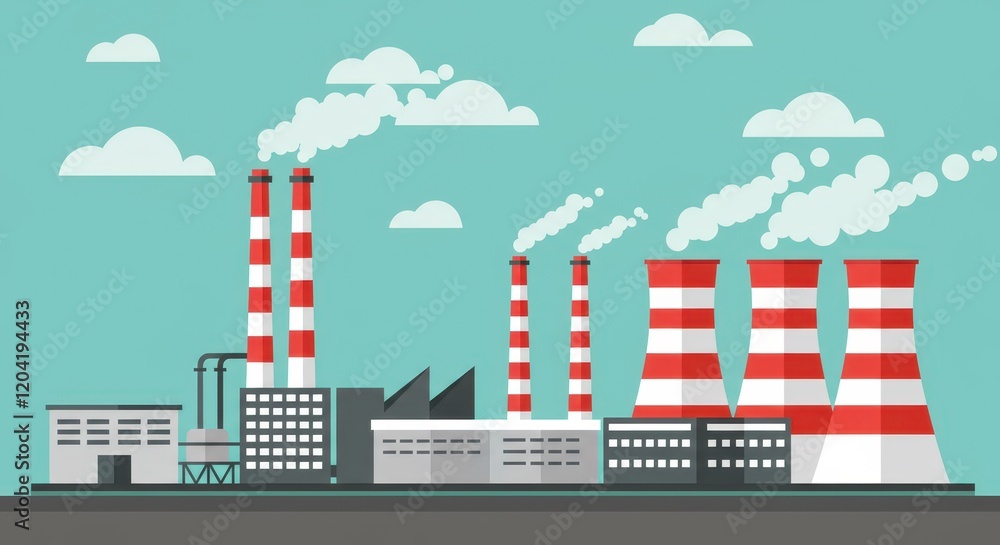 Obraz premium A flat illustration of a modern industrial factory with multiple buildings, chimneys emitting light smoke, and red-striped cooling towers