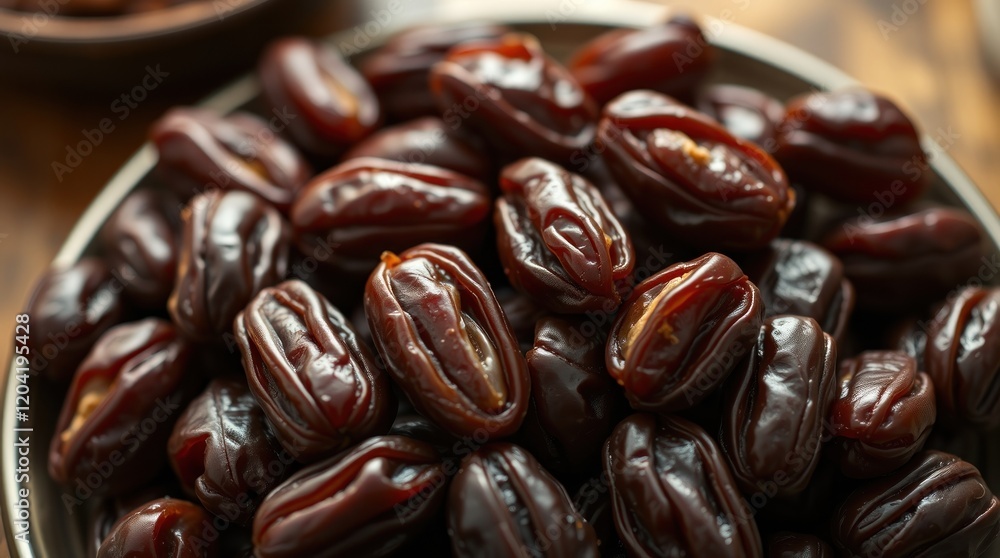 Tunisian Kurma dates, their surfaces reflecting warm light, against a subtly textured background, styled for a cinematic feel with shallow Ramadan