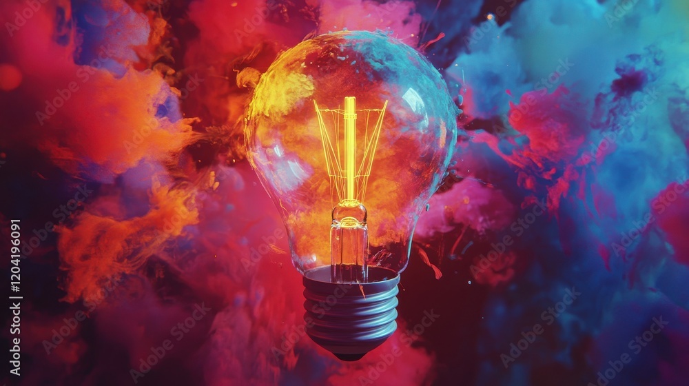Creative light bulb explodes with colorful paint and colors on dark background. Color splash in bulb with colorful background. New idea, brainstorming concept. Generative AI Creative light bulb explodes with colorful paint and colors on dark background. Color splash in bulb with colorful background. New idea, brainstorming concept. Generative AI