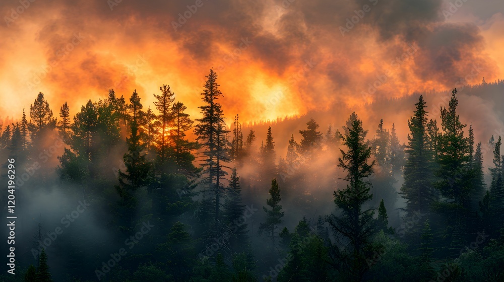 Wildfire engulfs forest under dramatic orange sky at dusk