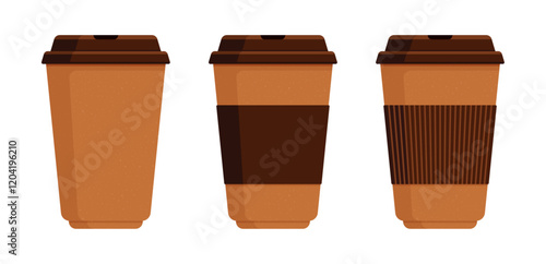 Set of brown takeaway cups with lids and sleeves. Disposable cups for hot drinks like coffee or tea. Beverage packaging concept. Flat vector illustration isolated on white background with copy space