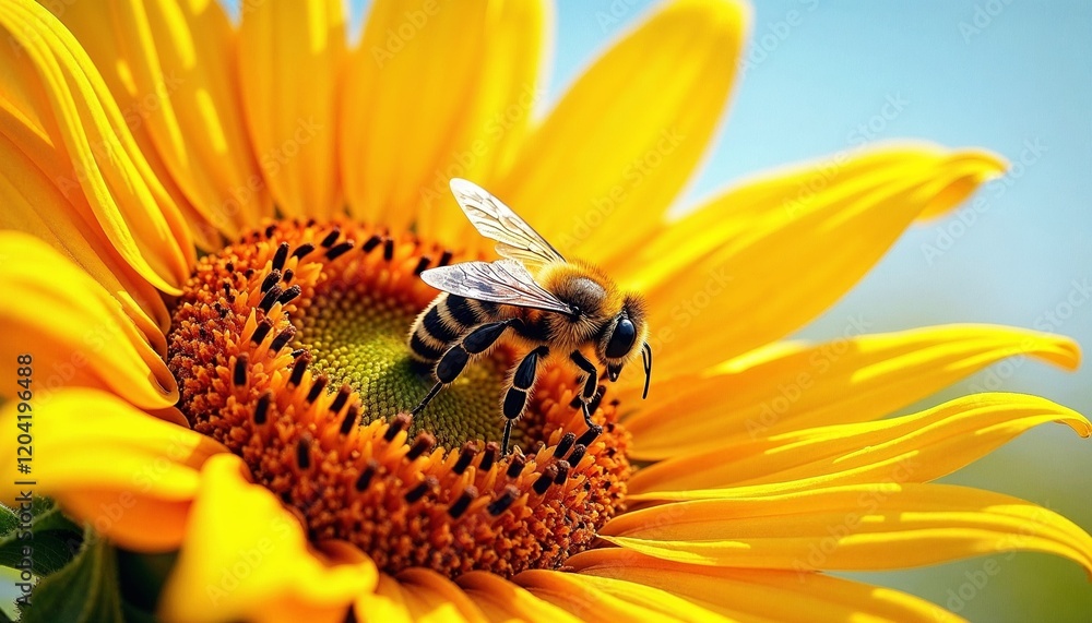 Close-up of a bee on a bright sunflower in a sunny garden environment
Close-up of a bee on a bright sunflower in a sunny garden environment