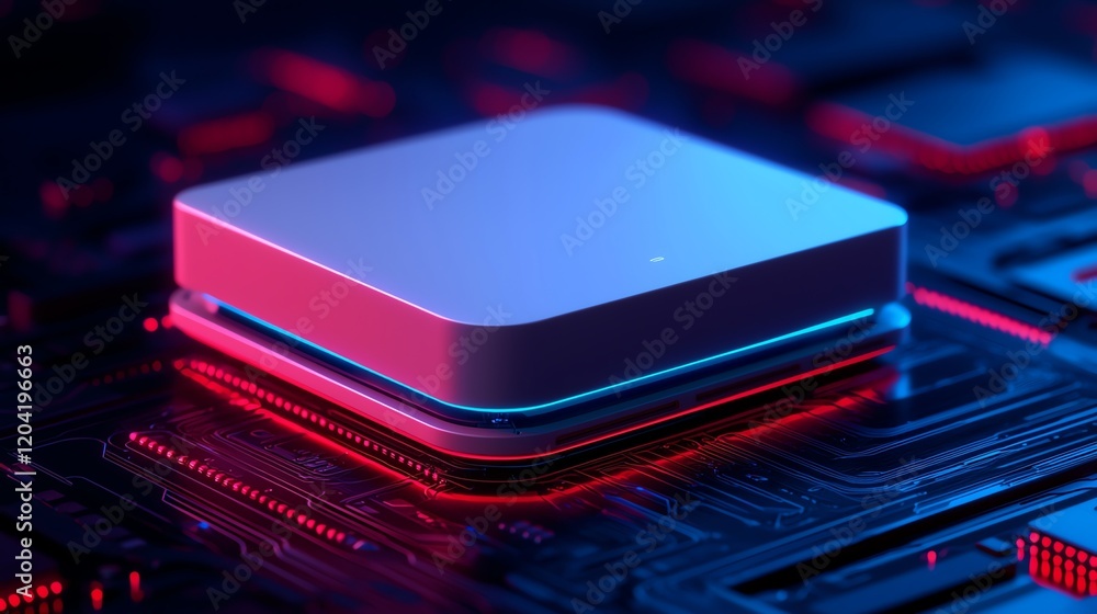 A close-up view of a modern microprocessor on a circuit board with vibrant lighting. A close-up view of a modern microprocessor on a circuit board with vibrant lighting.