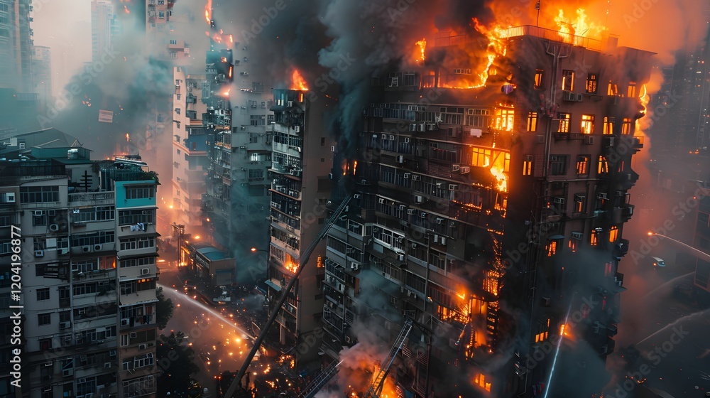 Fototapeta premium Flames engulf urban buildings during a massive fire in a densely populated city