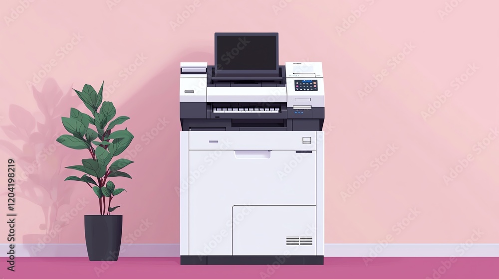 A modern printer setup in a stylish office environment with a potted plant. A modern printer setup in a stylish office environment with a potted plant.