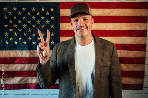 Man shows peace sign, standing before American flag. photo