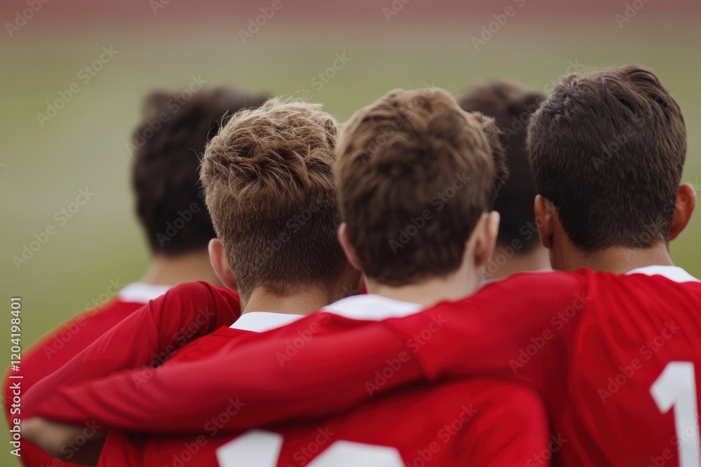 Fototapeta premium Soccer players huddling midgame intense focus football field motion blur dynamic viewpoint team strategy