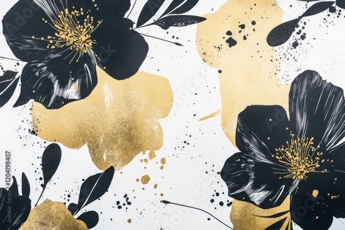 Elegant floral pattern with black and gold blooms set against a white background for modern decor inspiration