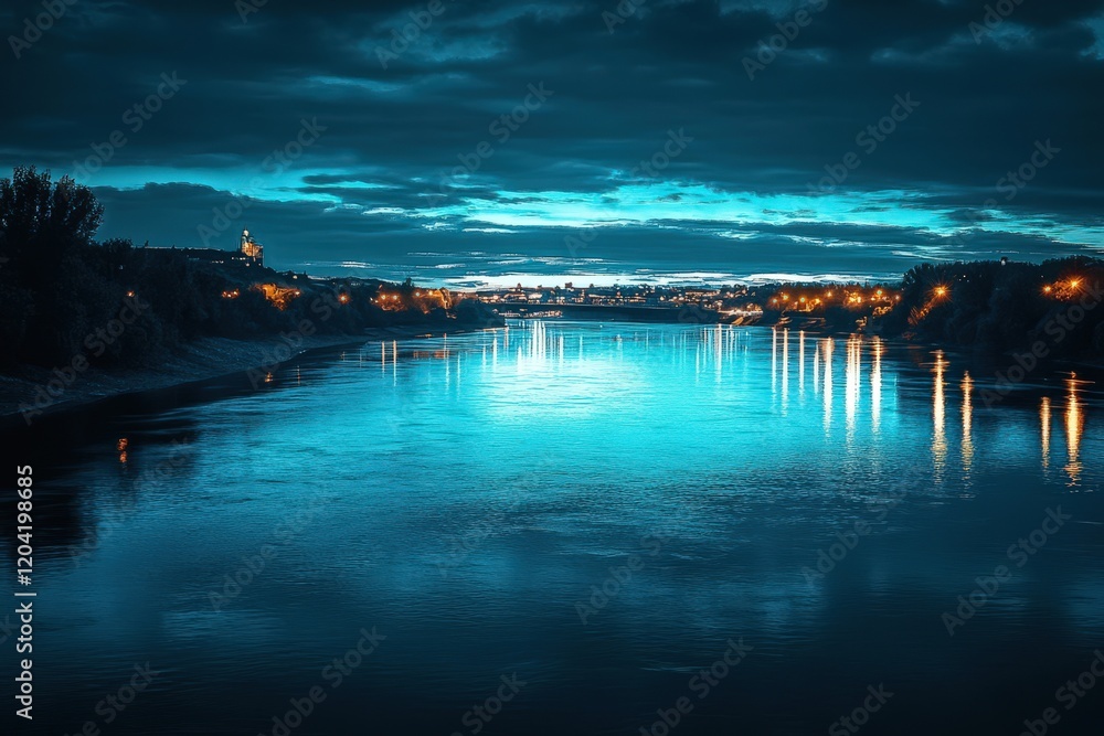 Fototapeta premium Night Cityscape River Reflections Serene Twilight Atmosphere