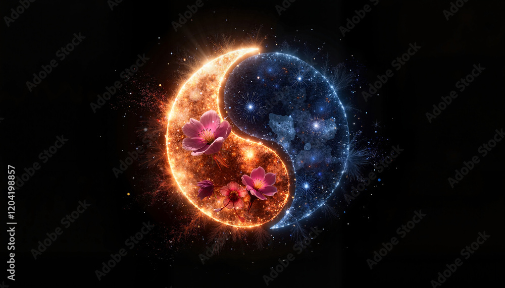 Fototapeta premium Yin-yang with fiery blossoms and icy stars on a dark background