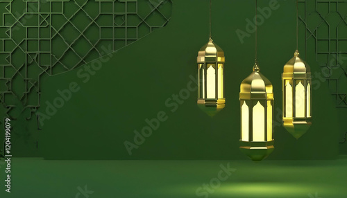 Beautifully Illuminated Mosque with Golden Domes and Minarets Under a Starry Night Sky with Hanging Lights
