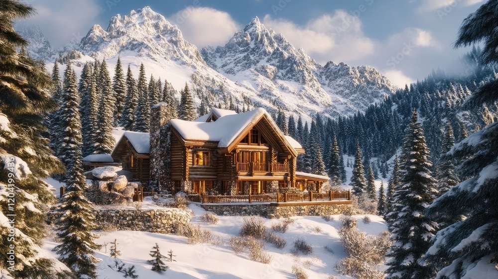 A cozy mountain cabin nestled among snow-covered pine trees. A cozy mountain cabin nestled among snow-covered pine trees.