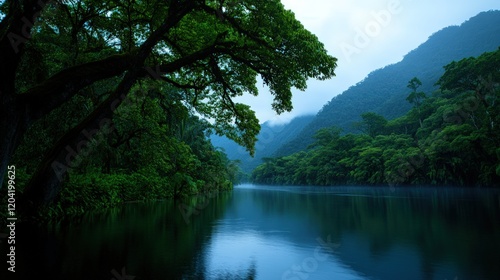 Serene River Landscape: Lush Tropical Rainforest with Misty Mountains