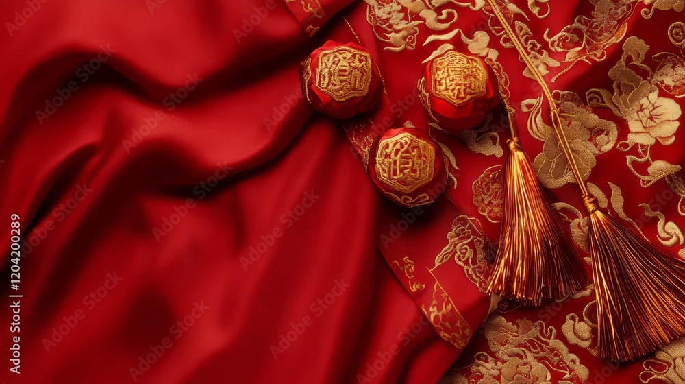 Fototapeta premium This vibrant red silk background, adorned with intricate gold patterns, features lucky knots and firecrackers