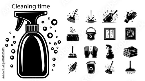 Cleaning tools set with spray bottle and icons in black and white