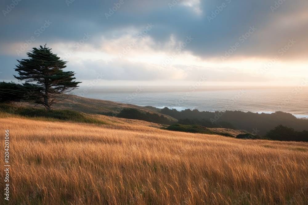 Golden grass sways gently in the wind overlooking a serene ocean under a dramatic sky. Golden grass sways gently in the wind overlooking a serene ocean under a dramatic sky.