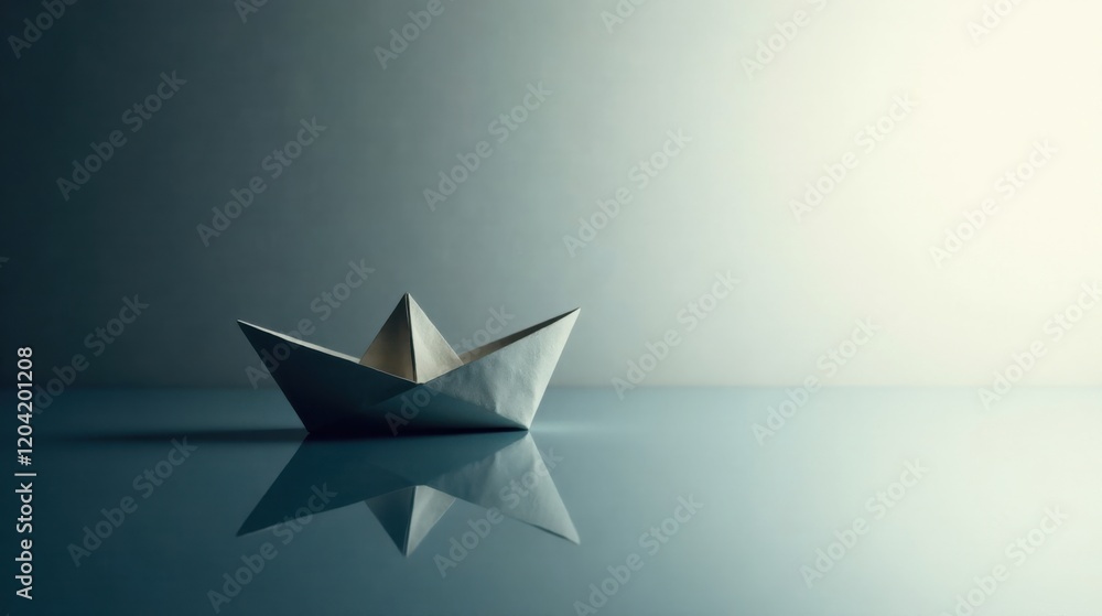 A solitary paper boat floats serenely on a tranquil, reflective surface, symbolizing hope and the journey of life. A solitary paper boat floats serenely on a tranquil, reflective surface, symbolizing hope and the journey of life.