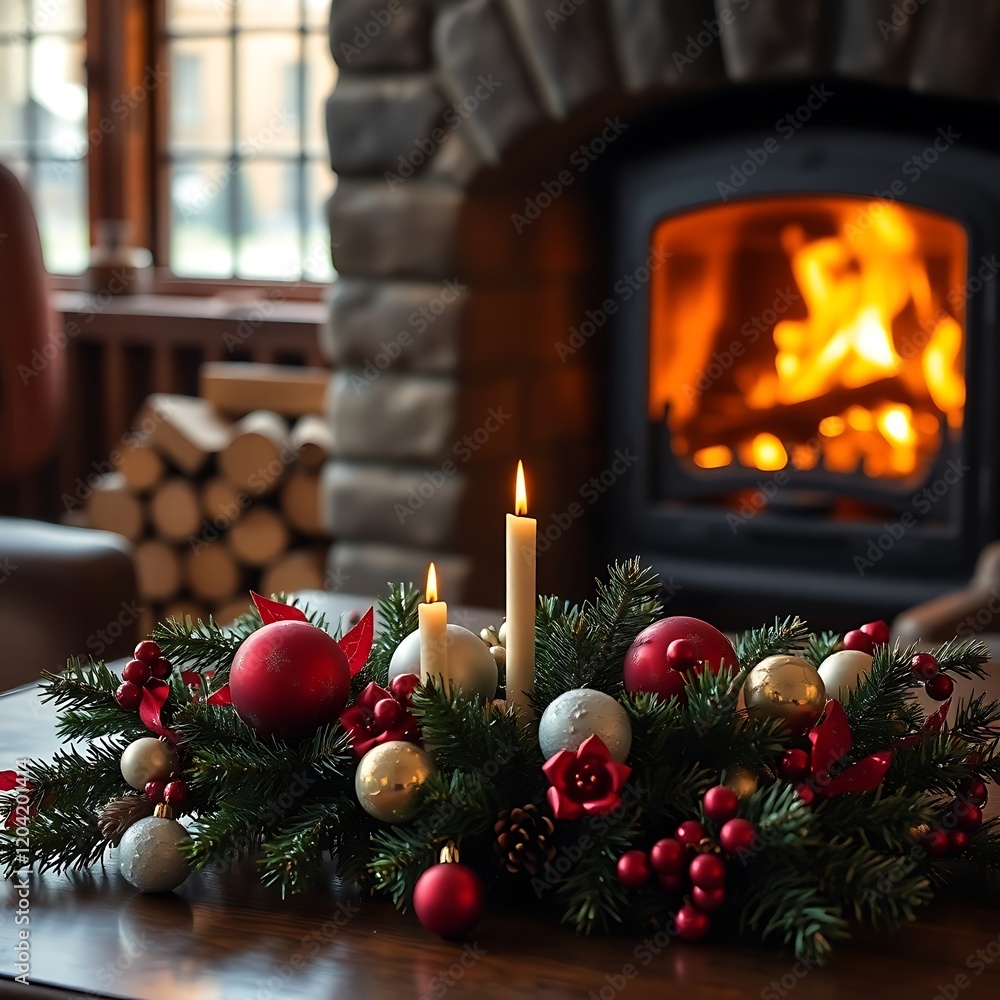 Fototapeta premium Festive centerpiece with candles near fireplace.