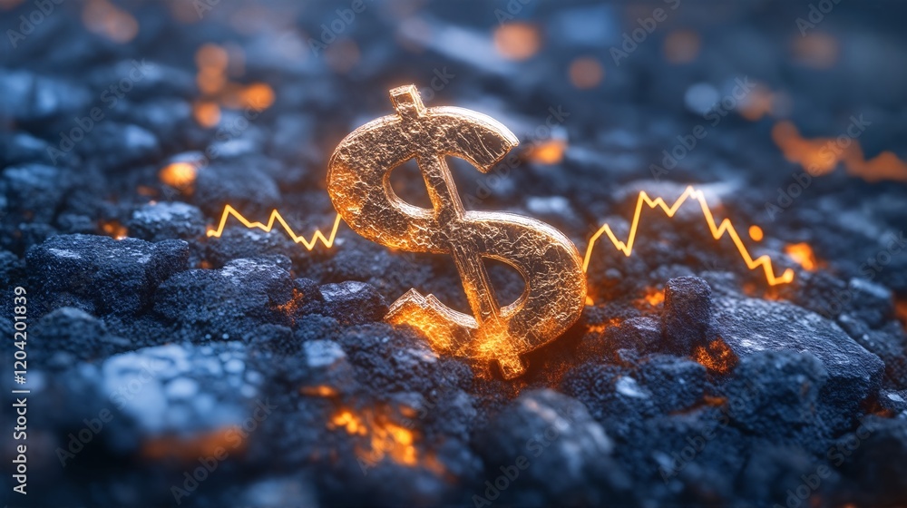 A 3D-rendered dollar sign sits atop a bed of fiery black volcanic rock, surrounded by an electric yellow line graph that runs through it. A 3D-rendered dollar sign sits atop a bed of fiery black volcanic rock, surrounded by an electric yellow line graph that runs through it.