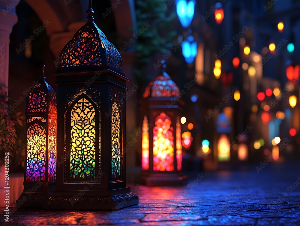 Illuminated Moroccan Lanterns Adorn A Night Street Illuminated Moroccan Lanterns Adorn A Night Street