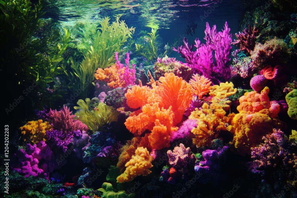 Obraz premium Vibrant underwater scene showcasing diverse coral reef ecosystem with various colorful corals and seaweed.