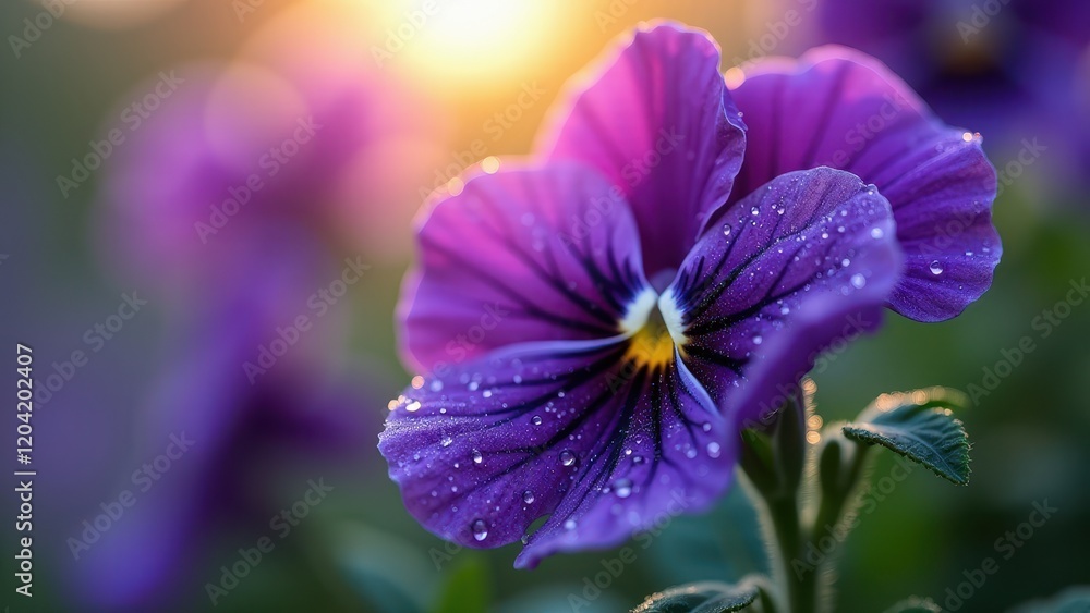 Close-up of a purple pansy with dew drops Close-up of a purple pansy with dew drops