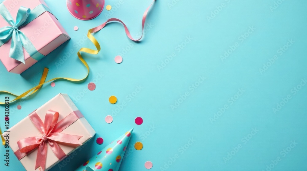 Pastel Presents, Party Hats, and Festive Ribbons on a Light Blue Background A Joyful Celebration Pastel Presents, Party Hats, and Festive Ribbons on a Light Blue Background A Joyful Celebration