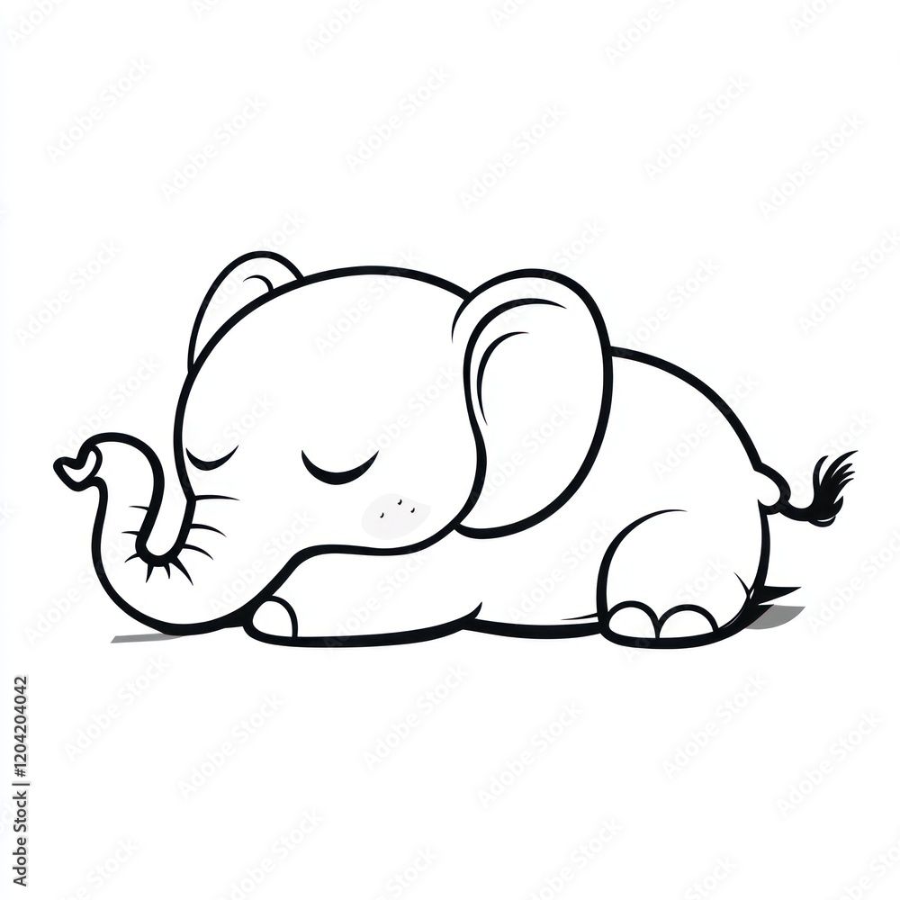 Cute baby elephant sleeping, peaceful scene, illustration, coloring page Cute baby elephant sleeping, peaceful scene, illustration, coloring page