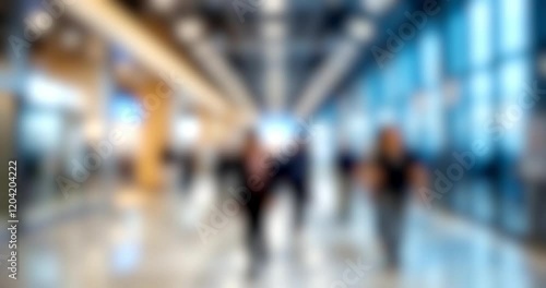 Blurred background, people walking along the corridor of an office building, shopping center. Abstract blured background office, busines background, advertising abstract blured background. 