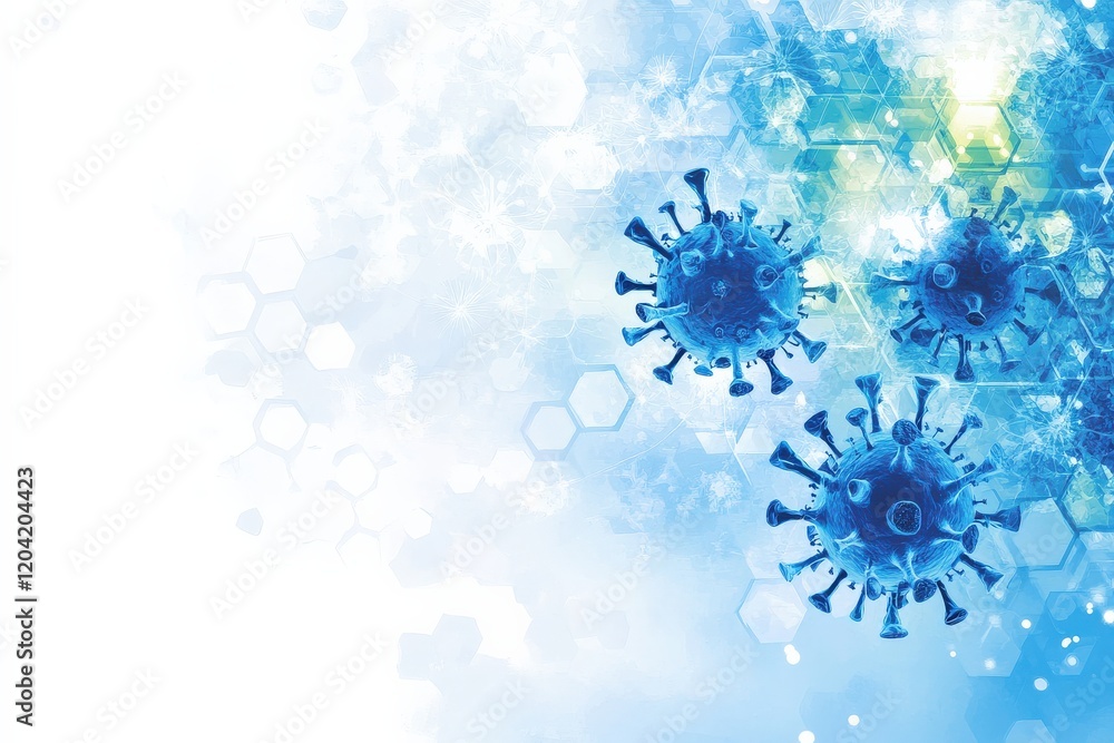 Abstract representation of viruses in a blue digital background, illustrating the concept of infection, disease spread, microbiology, and healthcare technology. Abstract representation of viruses in a blue digital background, illustrating the concept of infection, disease spread, microbiology, and healthcare technology.