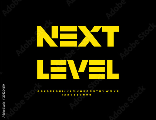 Vector Digital sign Next Level. Modern Futuristic Font. Tech Bold Alphabet Letters and Numbers set.