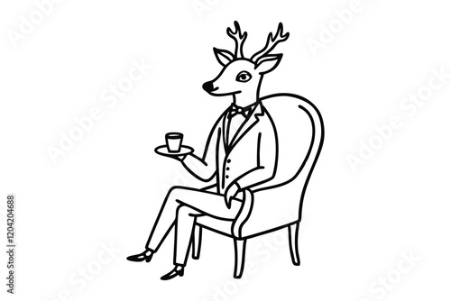 A deer wearing a suit and monocle, sitting on a vintage chair line art illustration.eps