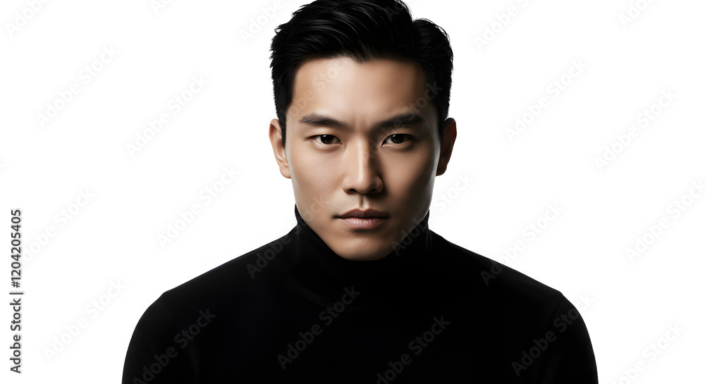 Obraz premium Isolated on a white background, a handsome Asian man displays a serious demeanor while looking into the camera.