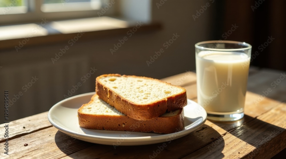 Sunlit Rustic Table with Slices of Bread and a Glass of Milk Sunlit Rustic Table with Slices of Bread and a Glass of Milk