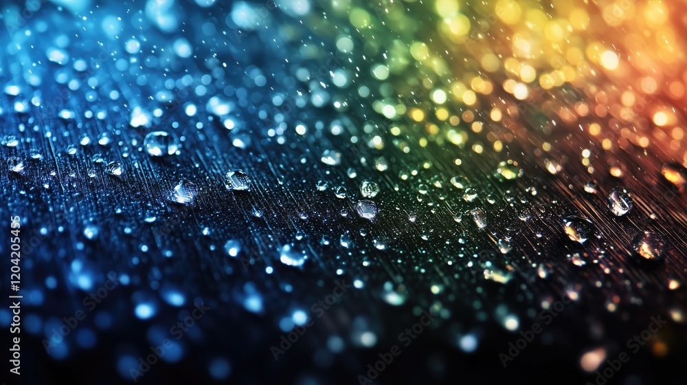 Sparkling water droplets on a surface with a gradient of rainbow colors in the background, creating a beautiful and delicate visual scene.