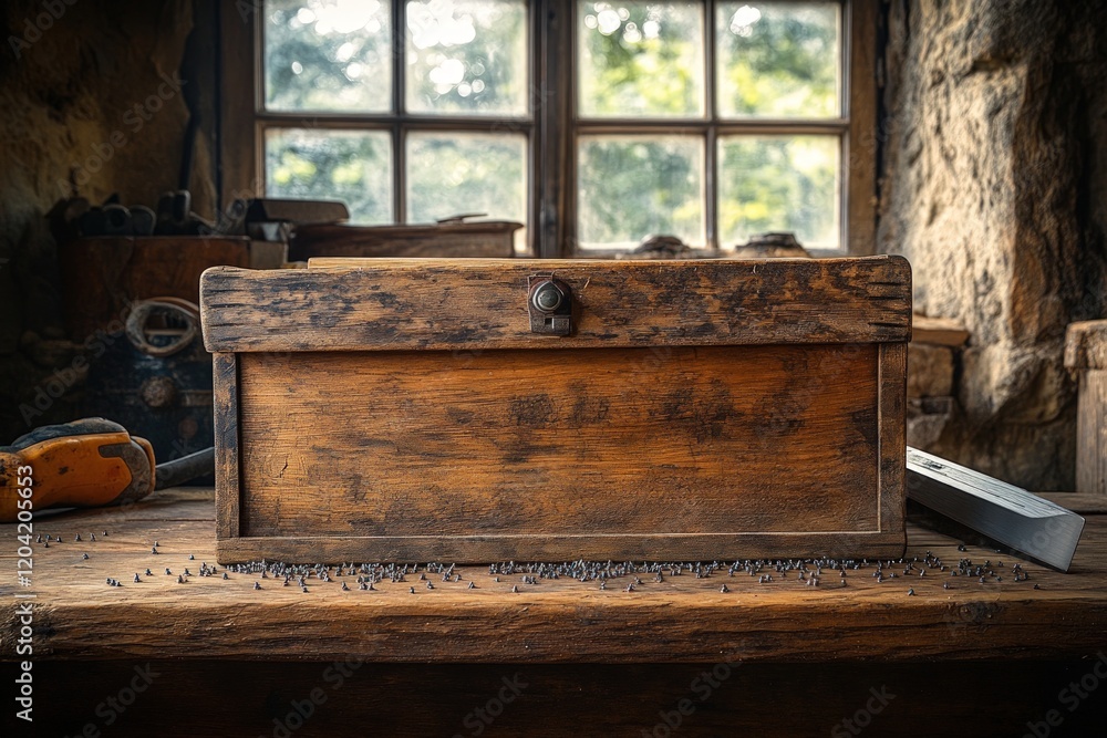 Obraz premium Antique wooden box, scattered nails, rustic workbench.