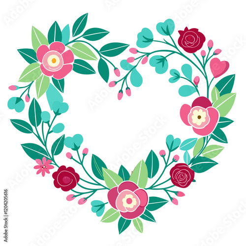 a wreath of flowers forming a heart shape on a white background