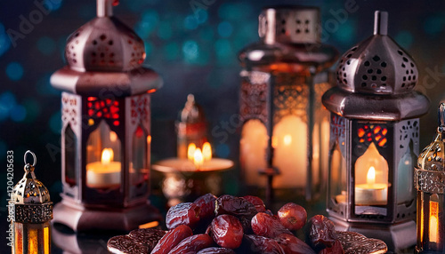 Beautifully Illuminated Mosque with Golden Domes and Minarets Under a Starry Night Sky with Hanging Lights