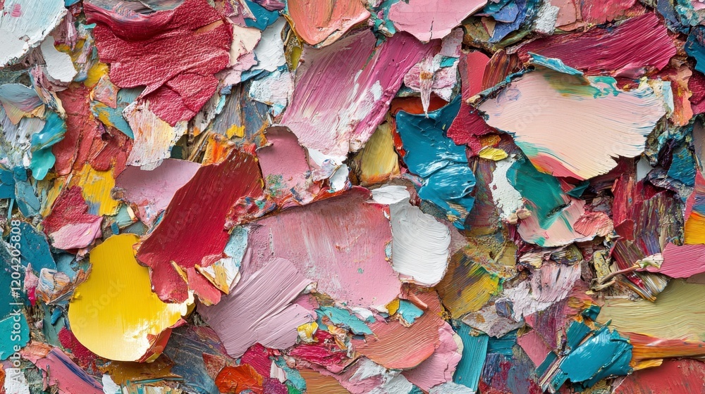 Fototapeta premium A fragmented collage of paper, fabric, and paint layers in a chaotic yet cohesive composition