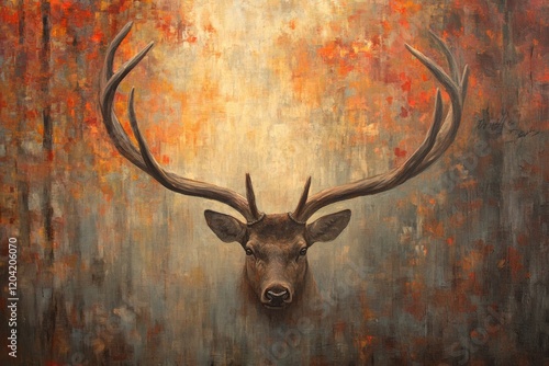 Majestic deer head portrait against an autumnal forest backdrop, painted with textured brushstrokes. photo