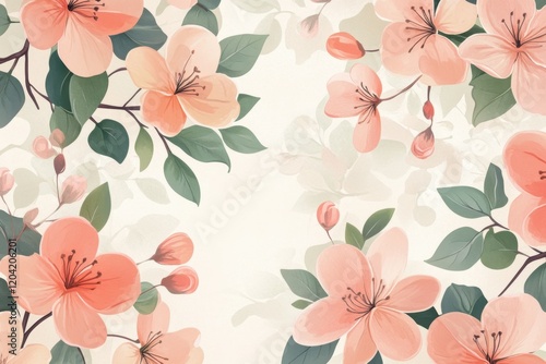 Beautiful floral arrangement featuring delicate peach blossoms and lush green leaves in a serene pastel setting