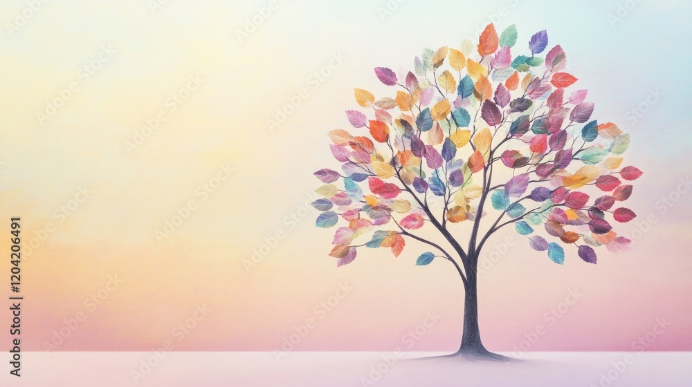 conceptual image of tree with leaves in various colors symbolizing and growth set against smooth pastel backdrop conceptual image of tree with leaves in various colors symbolizing and growth set against smooth pastel backdrop