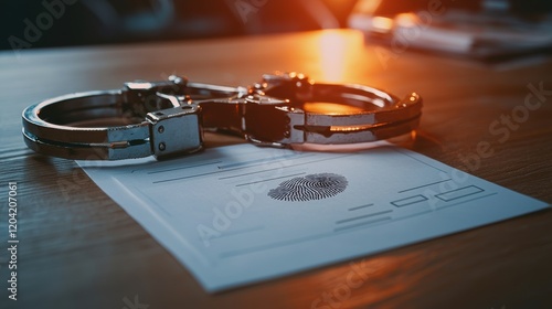 Wallpaper Mural A close-up of handcuffs resting on a fingerprint card, symbolizing law enforcement and criminal investigation, set against a warm, glowing background. Torontodigital.ca