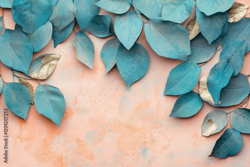 Vibrant turquoise leaves adorned with gold accents create a stunning contrast against a warm peach background