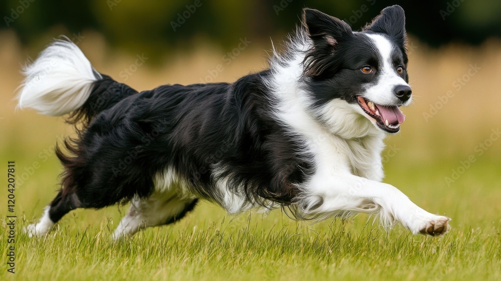 Energetic Border Collie running through green grassy field on sunny day Energetic Border Collie running through green grassy field on sunny day