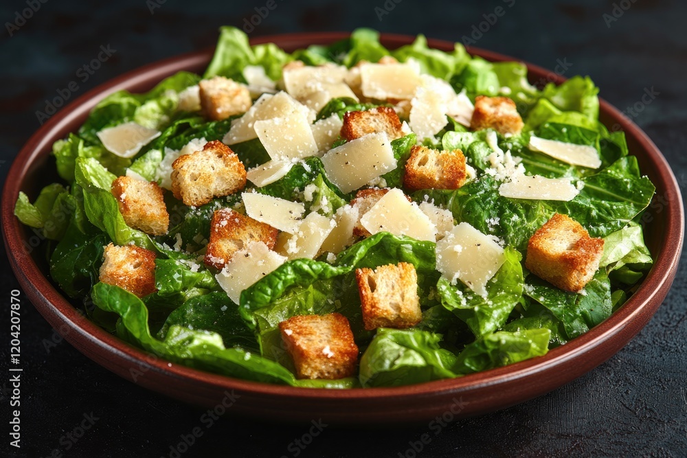 detailed view of caesar salad with crisp romaine lettuce grated parmesan and croutons lightly coated in dressing with detailed view of caesar salad with crisp romaine lettuce grated parmesan and croutons lightly coated in dressing with
