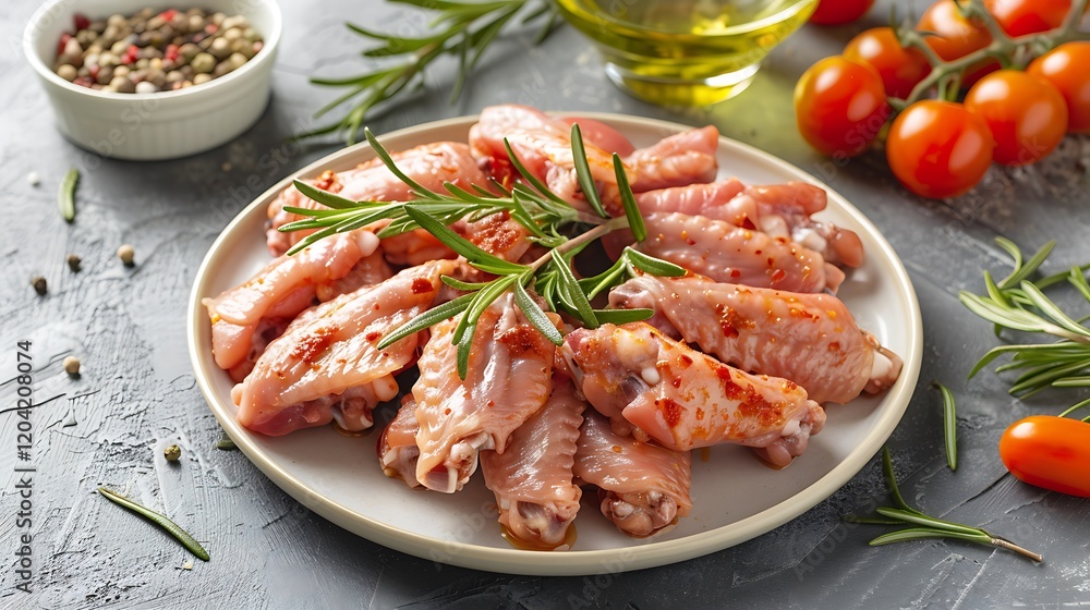 Chicken in tomato sauce with rosemary in a frying pan Chicken in tomato sauce with rosemary in a frying pan