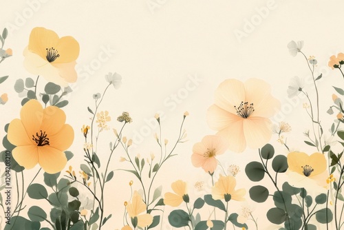 Vibrant yellow and pastel flowers bloom in a dreamy garden landscape during a serene and sunny afternoon